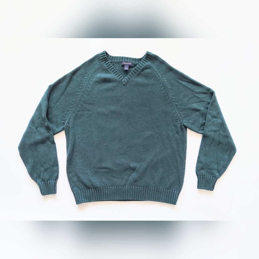 Lands' End V Neck Pullover Cotton Sweater Hunter Green Mens Large